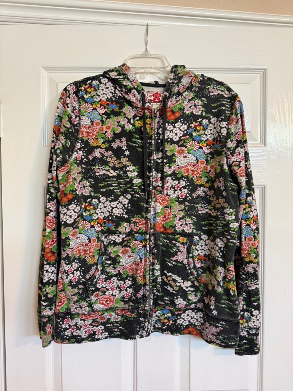 LUCKY BRAND Y2K Full Zip Hoodie Jacket Black Multicolor Asian Floral Print XL